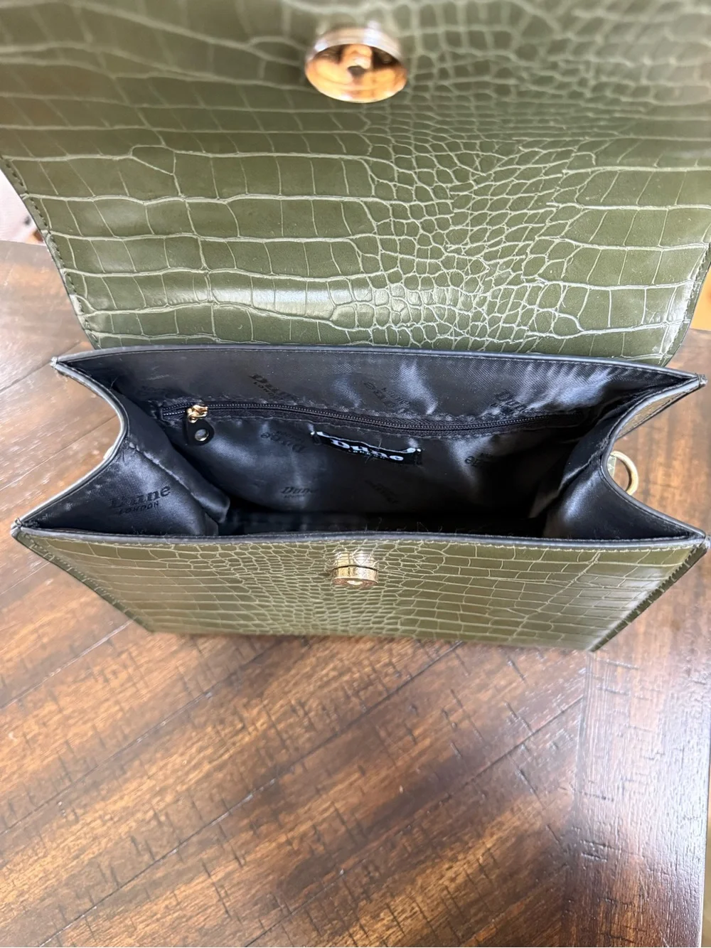 Dune London Olive Croc-Embossed Top Handle Satchel with Gold Accents